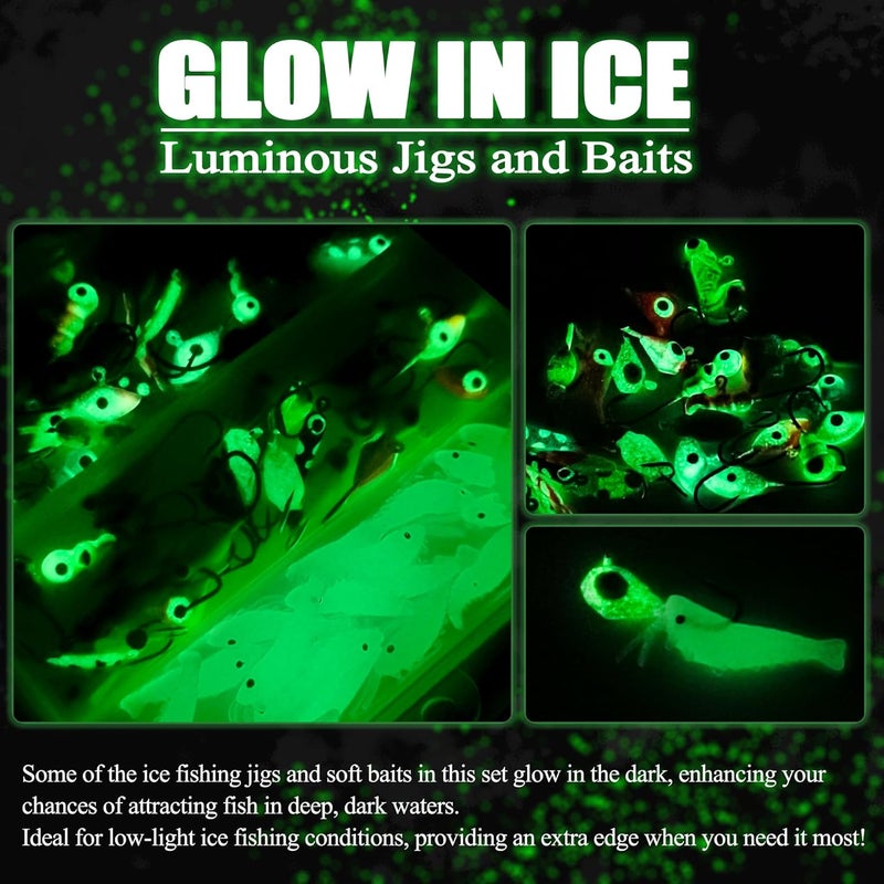 VMSIXVM Ice Fishing Jigs Lures, 180, 170, 160Pcs Glow Micro Winter Jig Heads Hooks Soft Plastic Worm Baits kit for Crappie Walleye Panfish, Ice Fishing Gear Equipment Tackle Accessories - Image 4